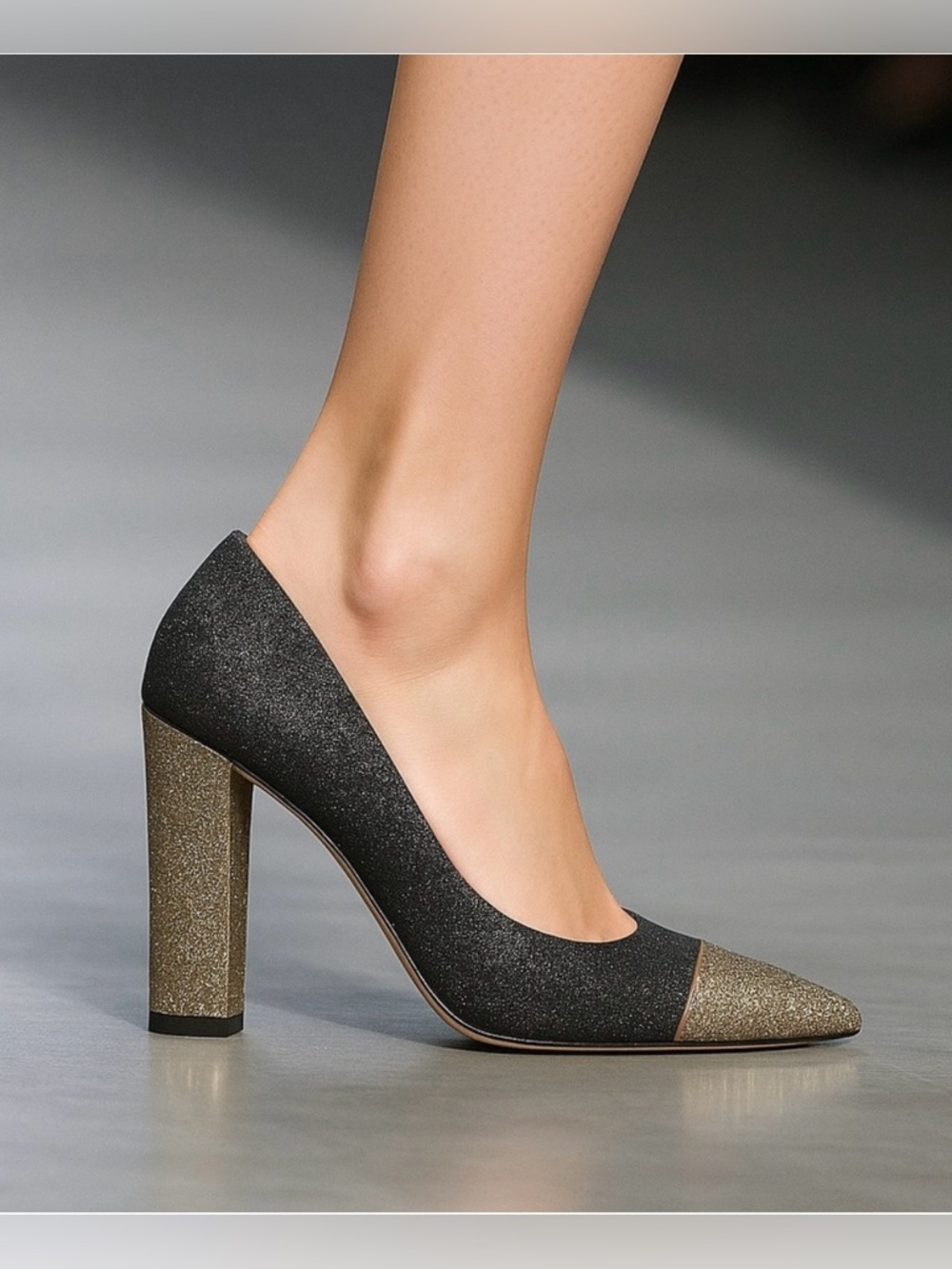 Sam Edelman Black and Gold Glitter Pointed Toe Block Heel Pumps